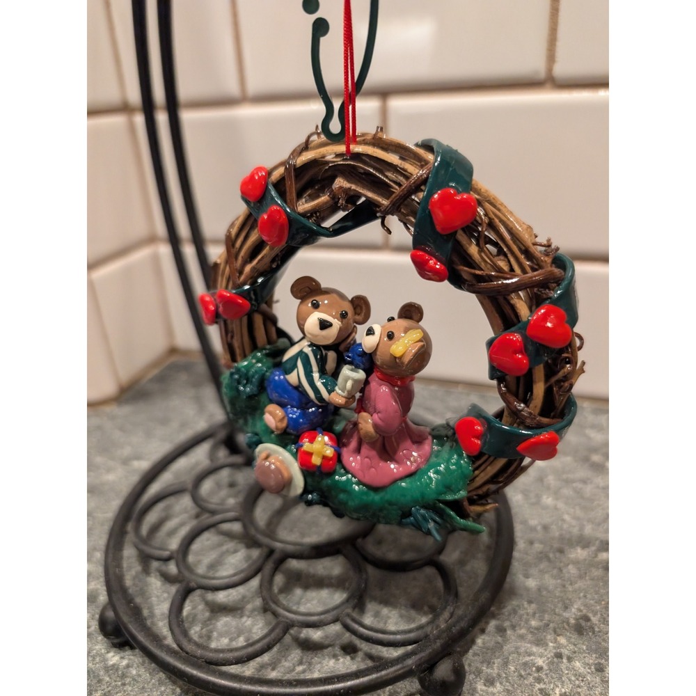 Adorable Vintage Teddy Bear Couple Wreath Ornament Valentine Holiday Decor